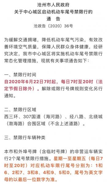 沧州限号吗