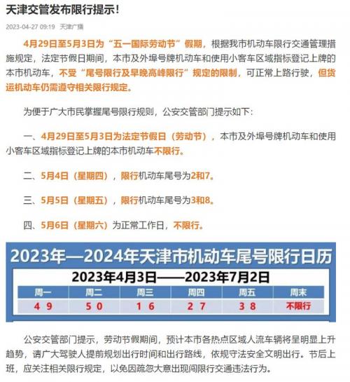 天津5月5日限号吗